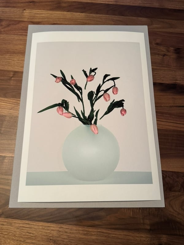 The print flat on walnut, unframed